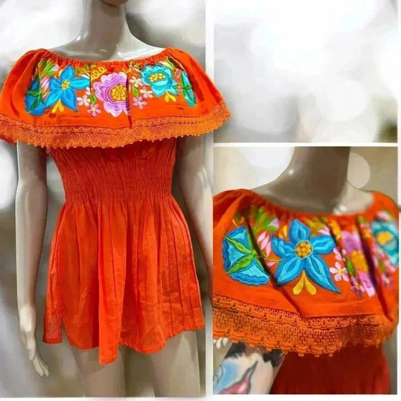 New HanMade. Tops - Campesino Oaxacan Mexican orange peplum tunic top w/Silk Embroidery-OS